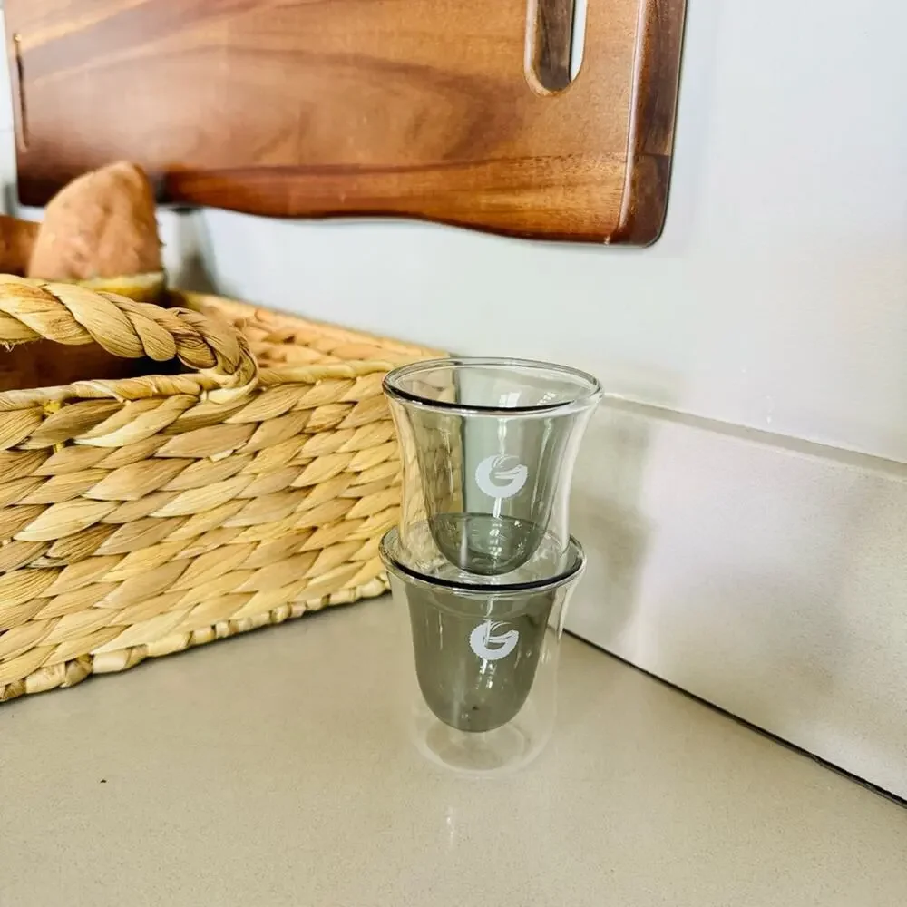 2 NEW COFFEE GATOR Clear Grey Smoke Glass Espresso Shot Glasses Thermal Cups
